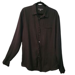 John Varvatos Mens L Black Linen Button-up Long Roll Tab Sleeves Casual Shirt